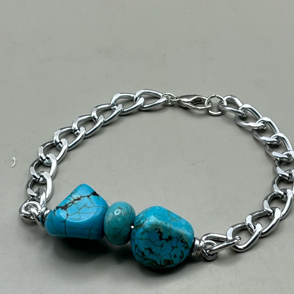 Silver Tone and Turquoise Nugget Chain Bracelet-Bohemian Jewelry